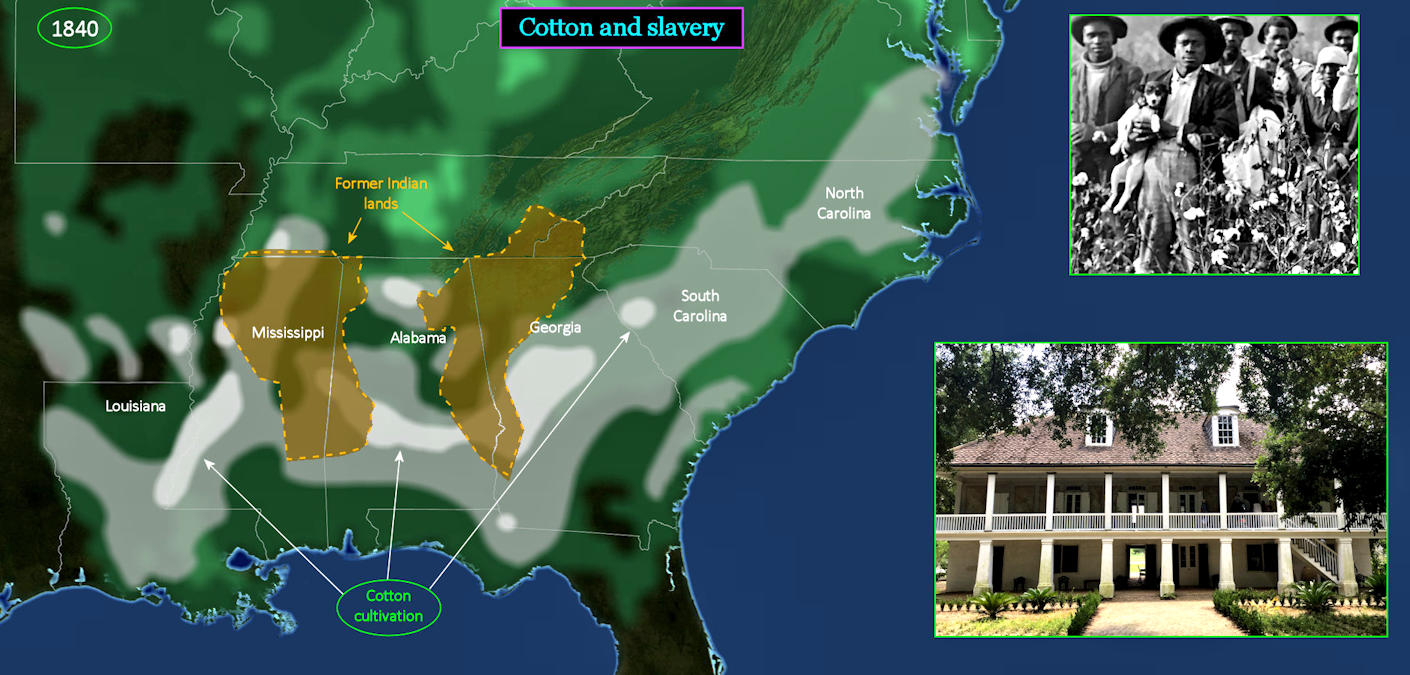 Cotton plantations and slavery, 1840 map